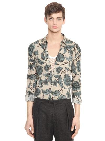 Burberry Prorsum Leaf Printed Cotton & Silk Poplin Shirt