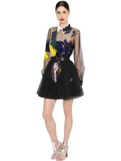 Daniele Carlotta Embellished & Pleated Tulle Dress
