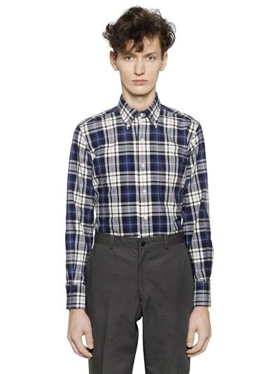 Thom Browne Button Down Plaid Cotton Twill Shirt