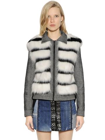 Vinti Andrews Herringbone Wool & Faux Fur Jacket