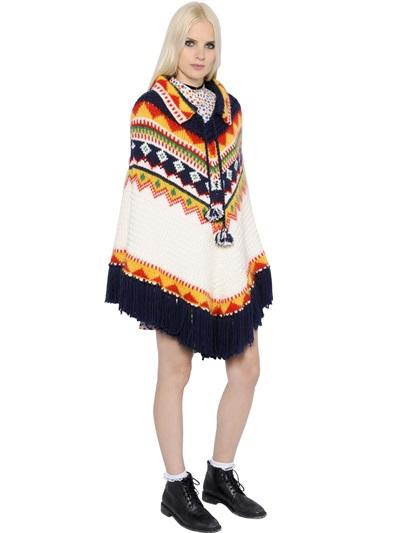 Saint Laurent Fringed Wool Knit Poncho