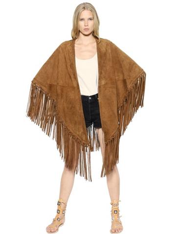 Talitha Embroidered & Fringed Suede Cape