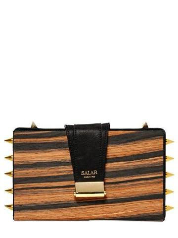 Salar - Lou Spikes Studs Wood & Leather Box Bag