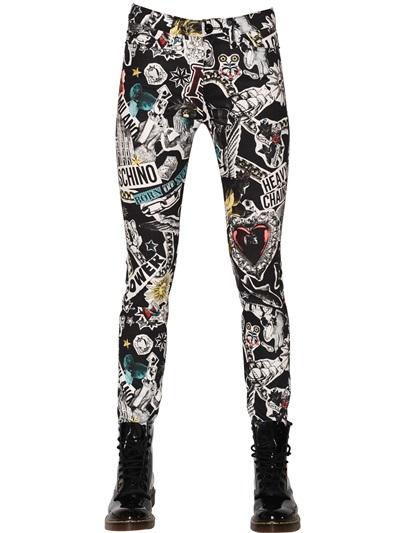 Love Moschino Tattoo Printed Cotton Denim Jeans
