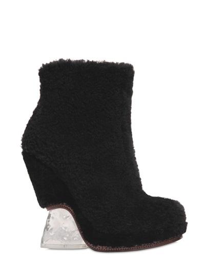 Fendi 130mm Shaved Shearling Wedge Boots