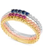 Multi-sapphire Tri-tone 3-pc. Set Stacking Rings In 14k White, Yellow, And Rose Gold