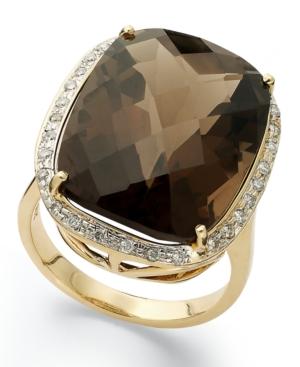 14k Gold Ring, Smokey Topaz (20 Ct. T.w.) And Diamond (1/5 Ct. T.w.) Large Rectangle Cushion Cut Ring