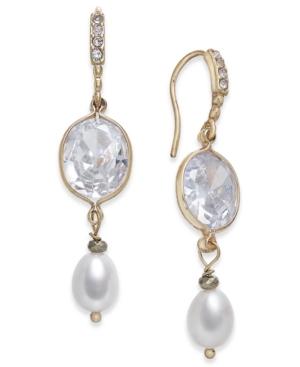Paul & Pitu Naturally Two-tone Pave & Imitation Pearl Double Drop Earrings