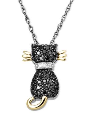 14k Gold And Sterling Silver Necklace, Black Diamond (1/5 Ct. T.w.) And White Diamond Accent Cat Pendant