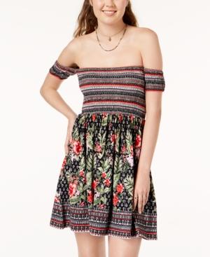 Planet Gold Juniors' Border-print Smocked Dress