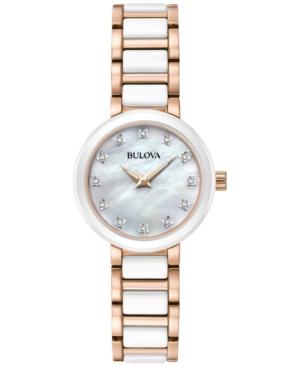 Bulova Women's Diamond Accent White Ceramic And Rose Gold-tone Stainless Steel Bracelet Watch 30mm 98p160