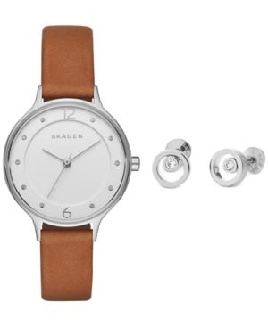 Skagen Women's Anita Light Brown Leather Strap Watch & Stud Earrings Box Set 30mm Skw1085
