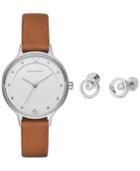 Skagen Women's Anita Light Brown Leather Strap Watch & Stud Earrings Box Set 30mm Skw1085
