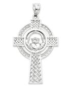 14k White Gold Charm, Celtic Claddagh Cross Charm