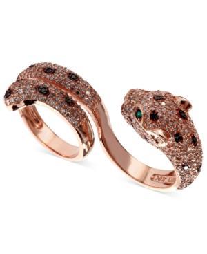 Effy Signature White (1-3/4 Ct. T.w.) And Black Diamond (1/8 Ct. T.w.) And Emerald Accent Panther 2 Finger Ring In 14k Rose Gold