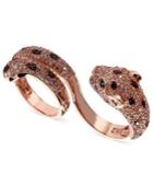 Effy Signature White (1-3/4 Ct. T.w.) And Black Diamond (1/8 Ct. T.w.) And Emerald Accent Panther 2 Finger Ring In 14k Rose Gold