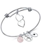 Unwritten Sisters Charm And Rose Quartz (8mm) Bangle Bracelet In Stainless Steel
