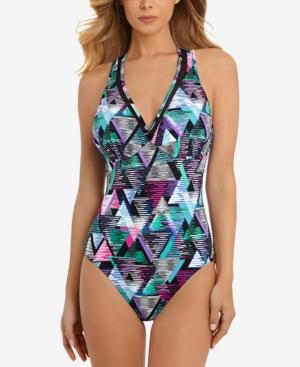 Swim Solutions Sport Cleo Printed Tummy-control Racerback One-piece Swimsuit Women's Swimsuit