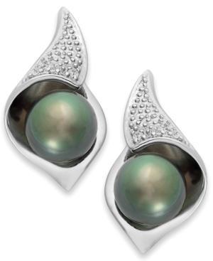 Cultured Tahitian Pearl (8mm) And Diamond Accent Stud Earrings In Sterling Silver