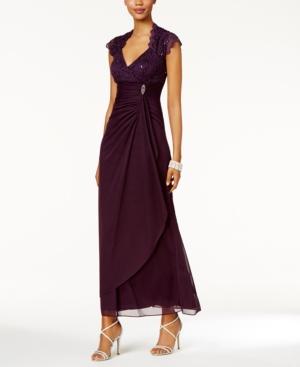 Betsy & Adam Sequined Lace Ruched Gown