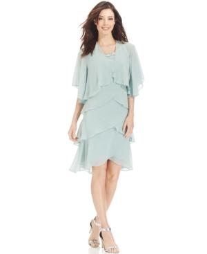 Sl Fashions Sleeveless Embellished Tiered Dress & Shrug