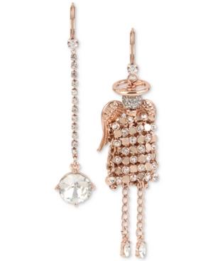 Betsey Johnson Rose Gold-tone Crystal Mesh Angel Mismatch Drop Earrings