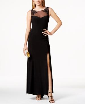 R & M Richards Embroidered Illusion Cowl-back Gown
