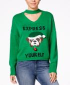 Ultra Flirt By Ikeddi Juniors' Express Your Elf Embellished Graphic Holiday Sweater