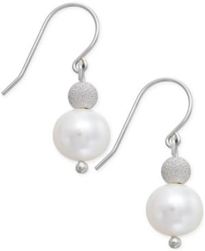 White Freshwater Pearl (9mm) And Silver Bead Hook Earrings In Sterling Silver