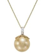 14k Gold Golden South Sea Pearl (14mm) And Diamond Accent Crown Pendant Necklace