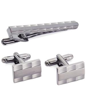 Geoffrey Beene Polished Gunmetal Wave Border Tie Clip & Cufflinks