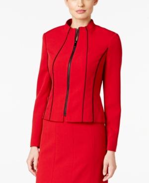 Kasper Crepe Zip-front Piped-trim Jacket