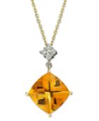 14k Gold Necklace, Citrine (5 Ct. T.w.) And Diamond (1/10 Ct. T.w.) Cushion-cut Pendant