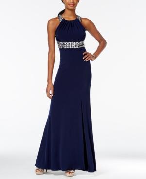 Sequin Hearts Juniors' Bejeweled Ruched Mermaid Gown With Side Slit