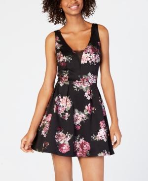 Crystal Doll Juniors' Printed Tulle-detail Fit & Flare Dress