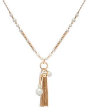 Anne Klein Gold-tone Imitation Pearl & Tassel Long Pendant Necklace