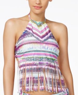 Jessica Simpson Limelight Tribal-print High-neck Fringe Tankini Top Women's Swimsuit