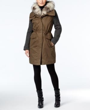 Vera Wang Faux-fur-trim Knit-sleeve Parka