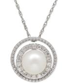 White Topaz (1/3 Ct. T.w.) And Freshwater Pearl (8mm) Halo Pendant Necklace In Sterling Silver