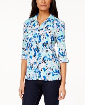 Ny Collection Petite Printed Roll-tab Utility Shirt