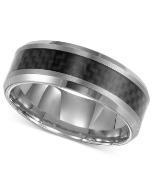 Triton Men's Tungsten Carbide Ring, Black Carbon Fiber Stripe Wedding Band