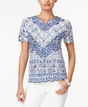 Alfred Dunner Printed Crocheted-trim Top