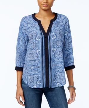 Tommy Hilfiger Printed Split-neck Top, Only At Macy's