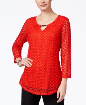 Jm Collection Petite Crocheted Keyhole Blouse, Only At Macy's