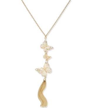 Thalia Sodi Gold-tone Crystal Butterfly & Chain Tassel Pendant Necklace, 31-1/2 + 3 Extender, Created For Macy's