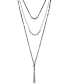 Lucky Brand Silver-tone Beaded Multi-layer Leather Tassel Necklace
