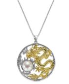 14k Gold Over Sterling Silver And Sterling Silver Cultured Freshwater Pearl Dragon Pendant Necklace (10mm)