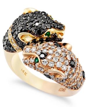 Effy Signature White Diamond And Black Diamond Emerald Accent Double Panther Ring (2-1/3 Ct. T.w.) In 14k Gold