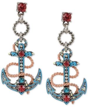 Betsey Johnson Silver-tone Blue Enamel Pave Anchor Drop Earrings