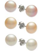 3-pc. Set White, Pink & Peach Cultured Freshwater Button Pearl (8mm) Stud Earrings In Sterling Silver